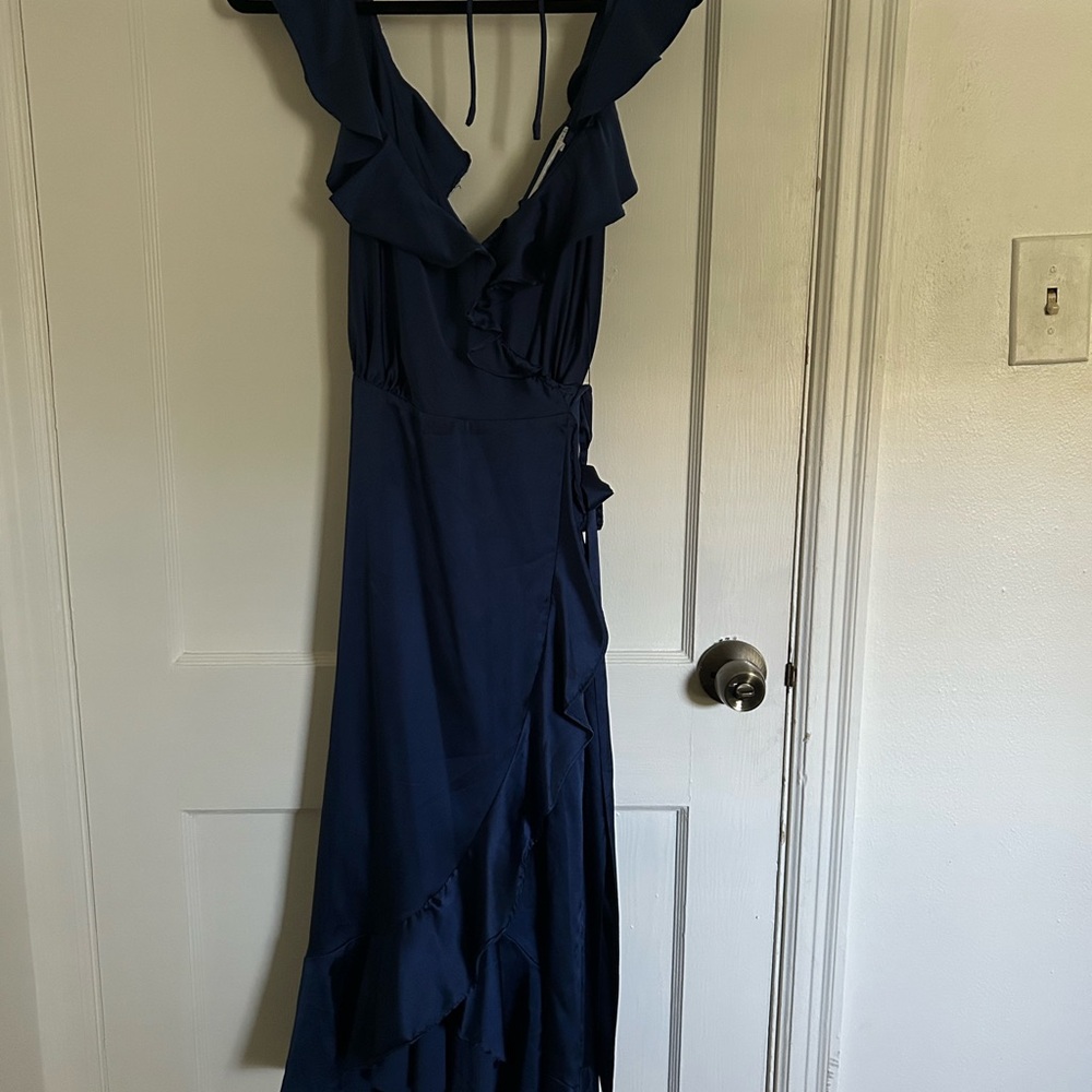 Astr Blue Ruffled Wrap Midi Dress